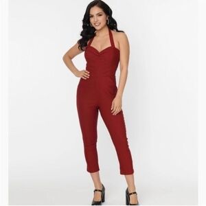 Unique Vintage Burgundy Halter Jumpsuit NWOT L